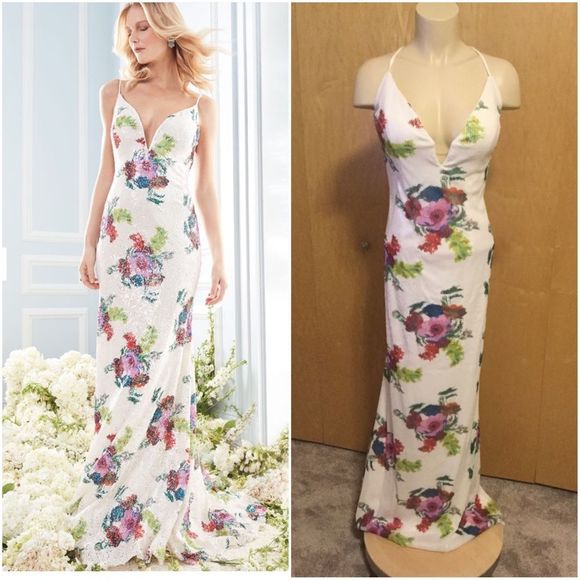 Jovani Floral Sequin Gown w/ Open Back - Picture 1 of 9
